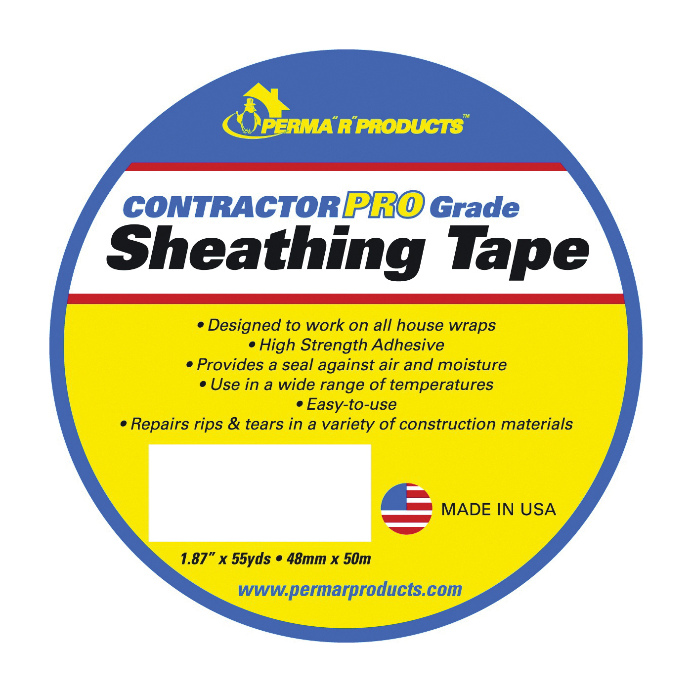 48165/18755 Sheathing Tape, 55 yds L, 1.87 in W, Polypropylene Backing, White