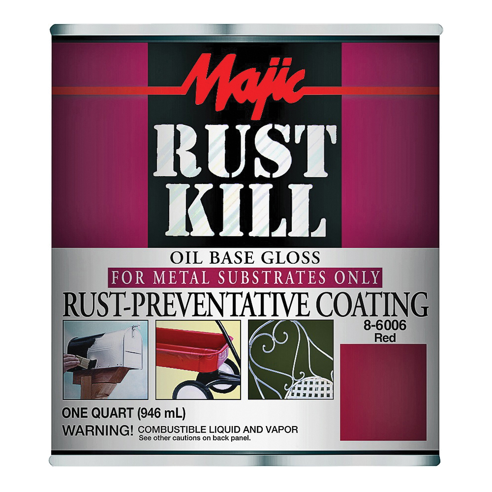 Rustkill 8-6006-2 Enamel Paint, Gloss, Red, 1 qt, Can, Oil Base, Application: Brush, Roller, Spray