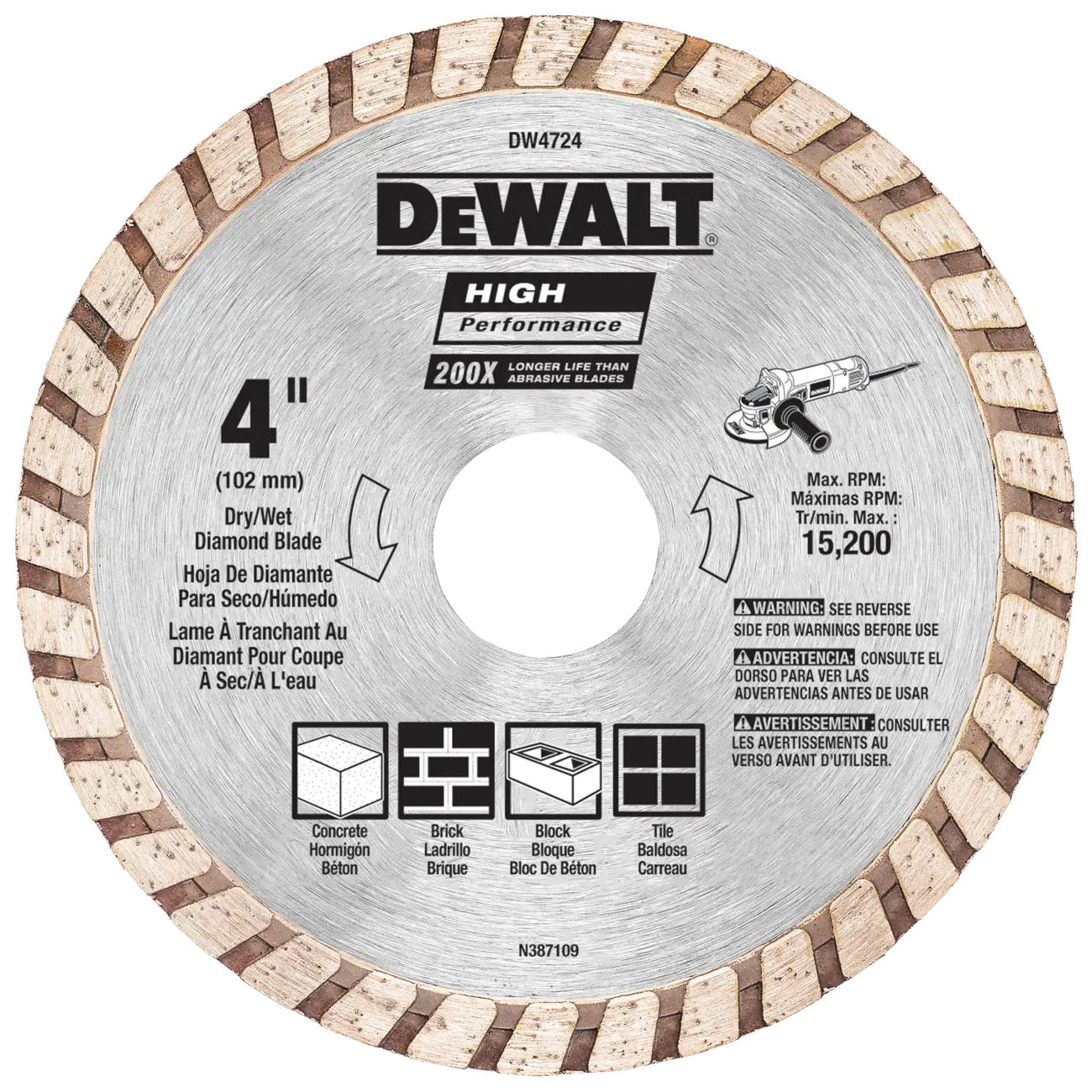 DW4724 Circular Blade, 4 in Dia, 7/8 in Arbor, Diamond Cutting Edge, Continuous Rim