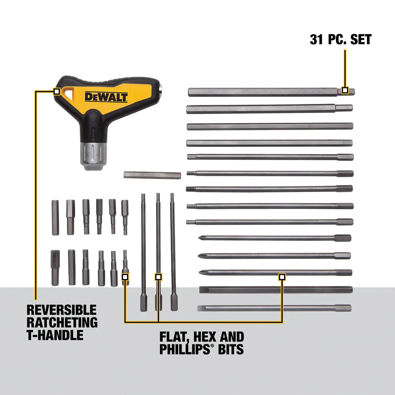 DEWALT DWHT70265 Hex Key Set, 31-Piece, Steel, Specifications: T-Handle - 4