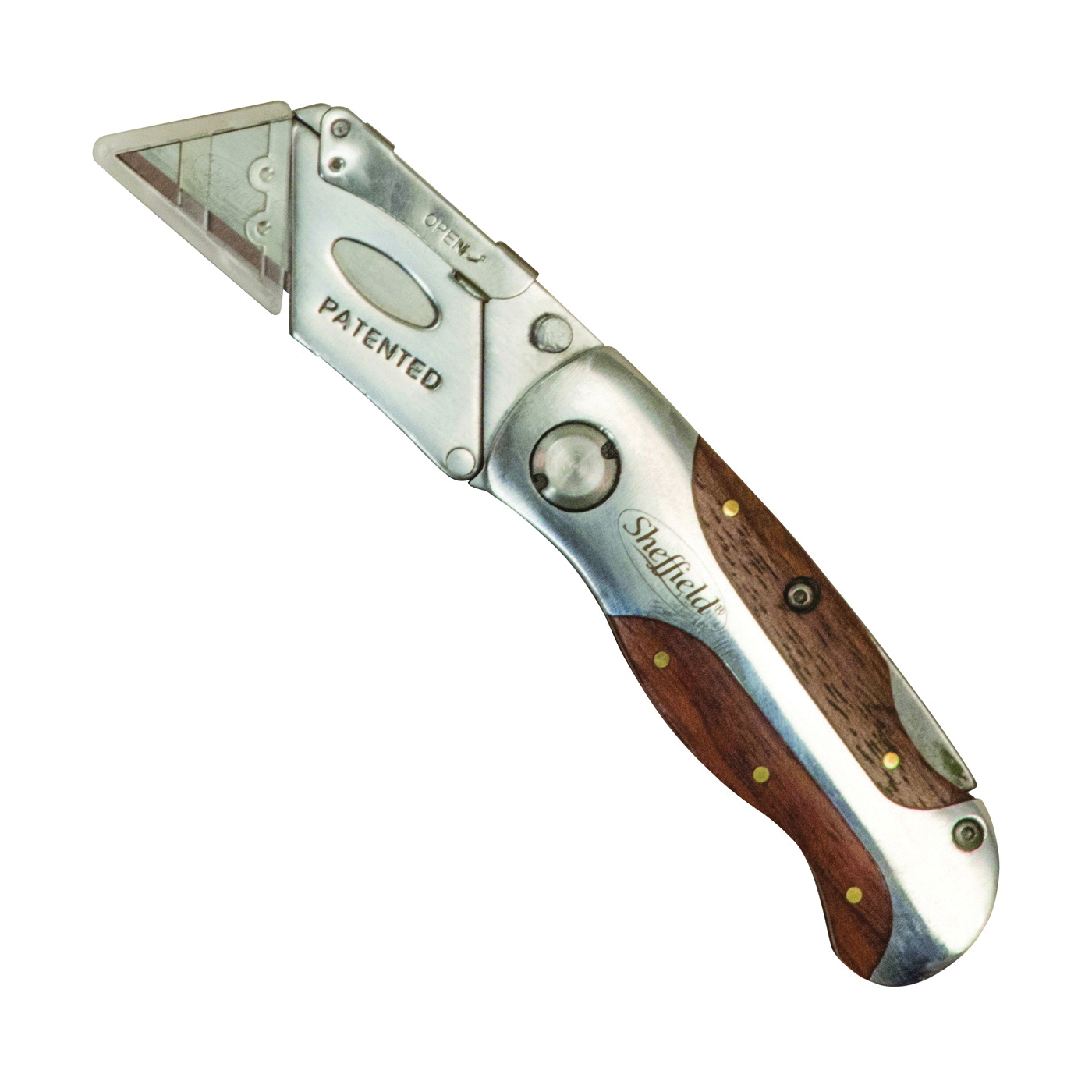 12115 Utility Knife, 2-1/2 in L Blade, Stainless Steel Blade, Curved Handle, Silver/Wood Handle