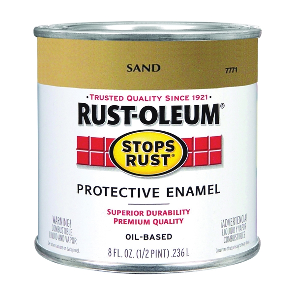 RUST-OLEUM Stops Rust 7771730 Enamel Paint, Oil Base, Gloss Sheen, Sand, 0.5 pt, Can, 50 to 90 sq-ft/qt Coverage Area - 1