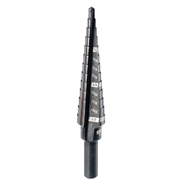 48-89-9201 Step Drill Bit, 1/8 to 1/2 in Dia, 3-7/64 in OAL, 2-Flute, 1/4 in Dia Shank, Flat Shank