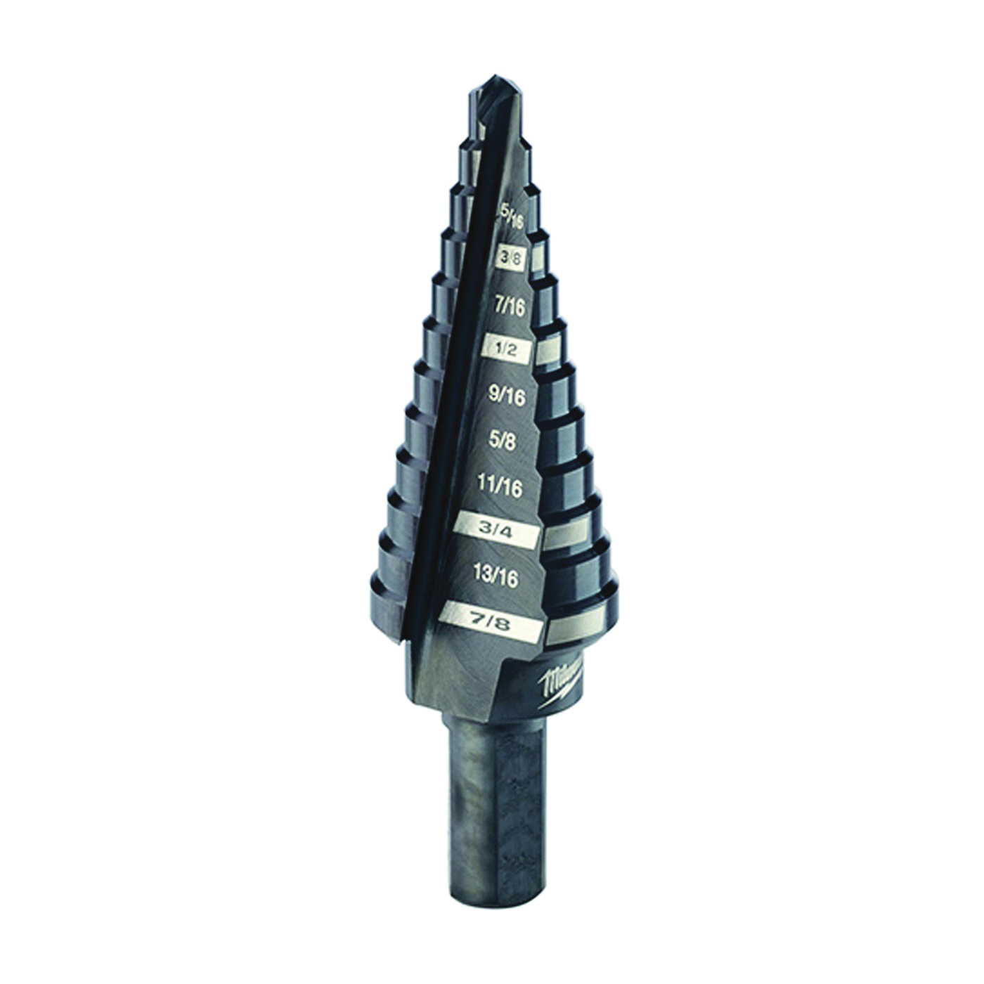 48-89-9204 Step Drill Bit, 3/16 to 7/8 in Dia, 2-61/64 in OAL, 2-Flute, 3/8 in Dia Shank, Flat Shank