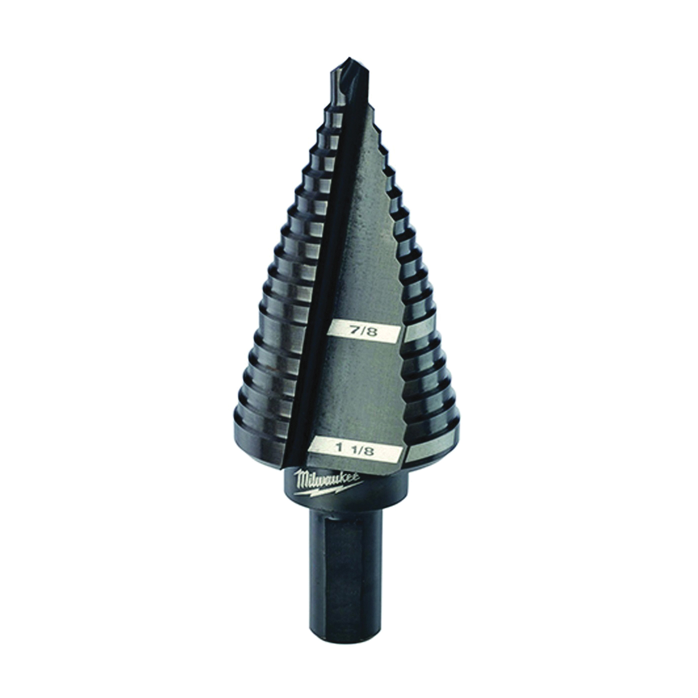 48-89-9209 Step Drill Bit, 7/8 to 1-1/8 in Dia, 2-61/64 in OAL, 2-Flute, 3/8 in Dia Shank, Flat Shank
