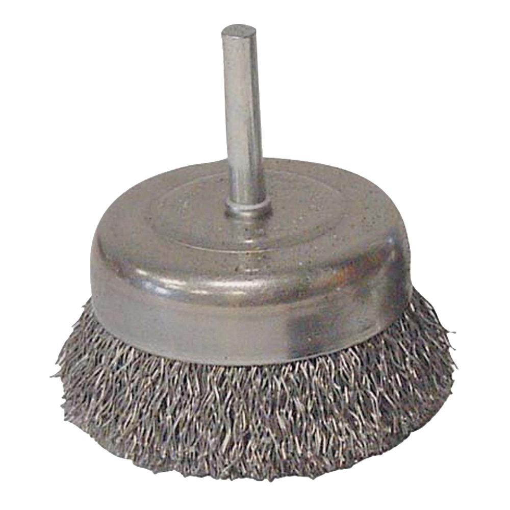 36030 Wire Cup Brush, 3 in Dia, 1/4 in Arbor/Shank, 0.014 in Dia Bristle, Carbon Steel Bristle