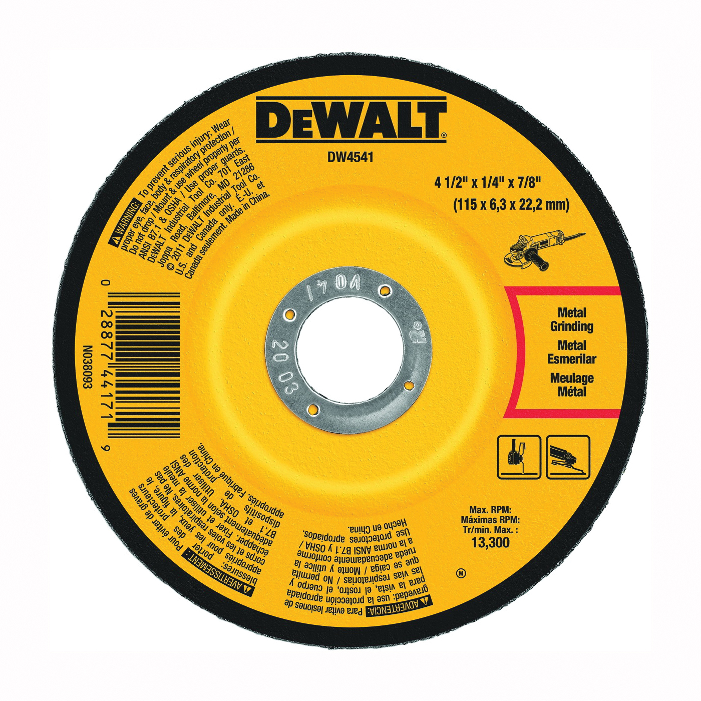 DW4541 Grinding Wheel, 4-1/2 in Dia, 1/4 in Thick, 7/8 in Arbor, 24 Grit, Coarse, Aluminum Oxide Abrasive