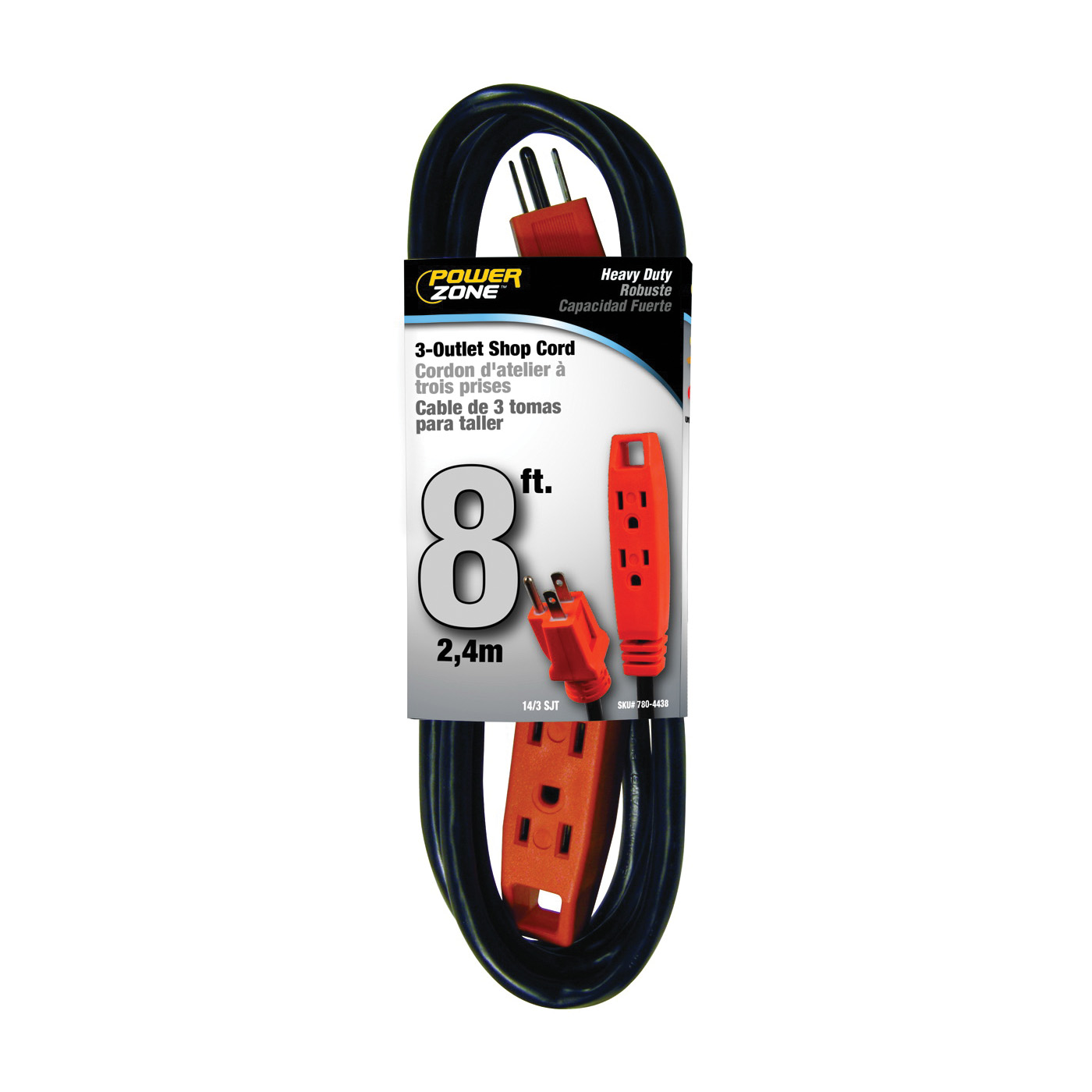 PowerZone OR890708 Extension Cord, 8 ft L, Grounded Plug, 3 -Outlet, Receptacle Outlet, 15 A, 125 V - 1