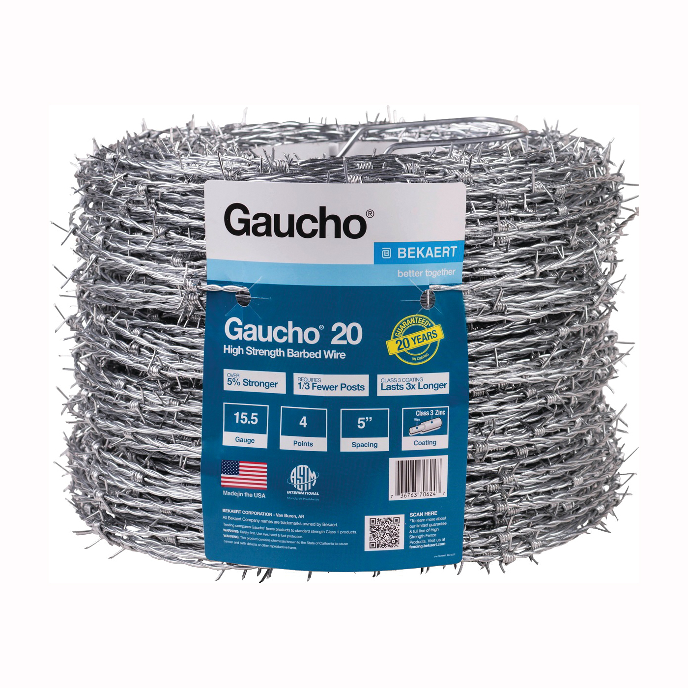 118293 Barbed Wire, 1320 ft L, 15-1/2 Gauge, Round High-Tensile Barb, 5 in Points Spacing, Steel, Zinc