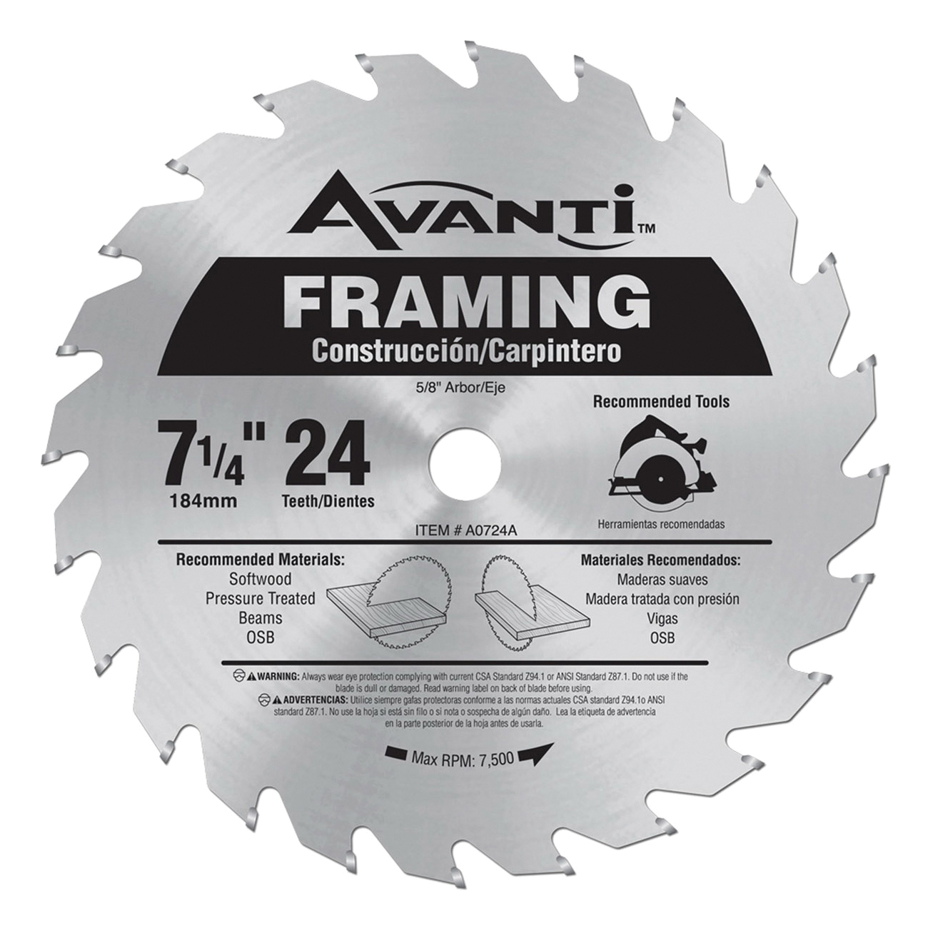 A0724A Circular Saw Blade, Wood, 7-1/4 in Dia, 5/8 in Arbor, 24-Teeth, Carbide Cutting Edge