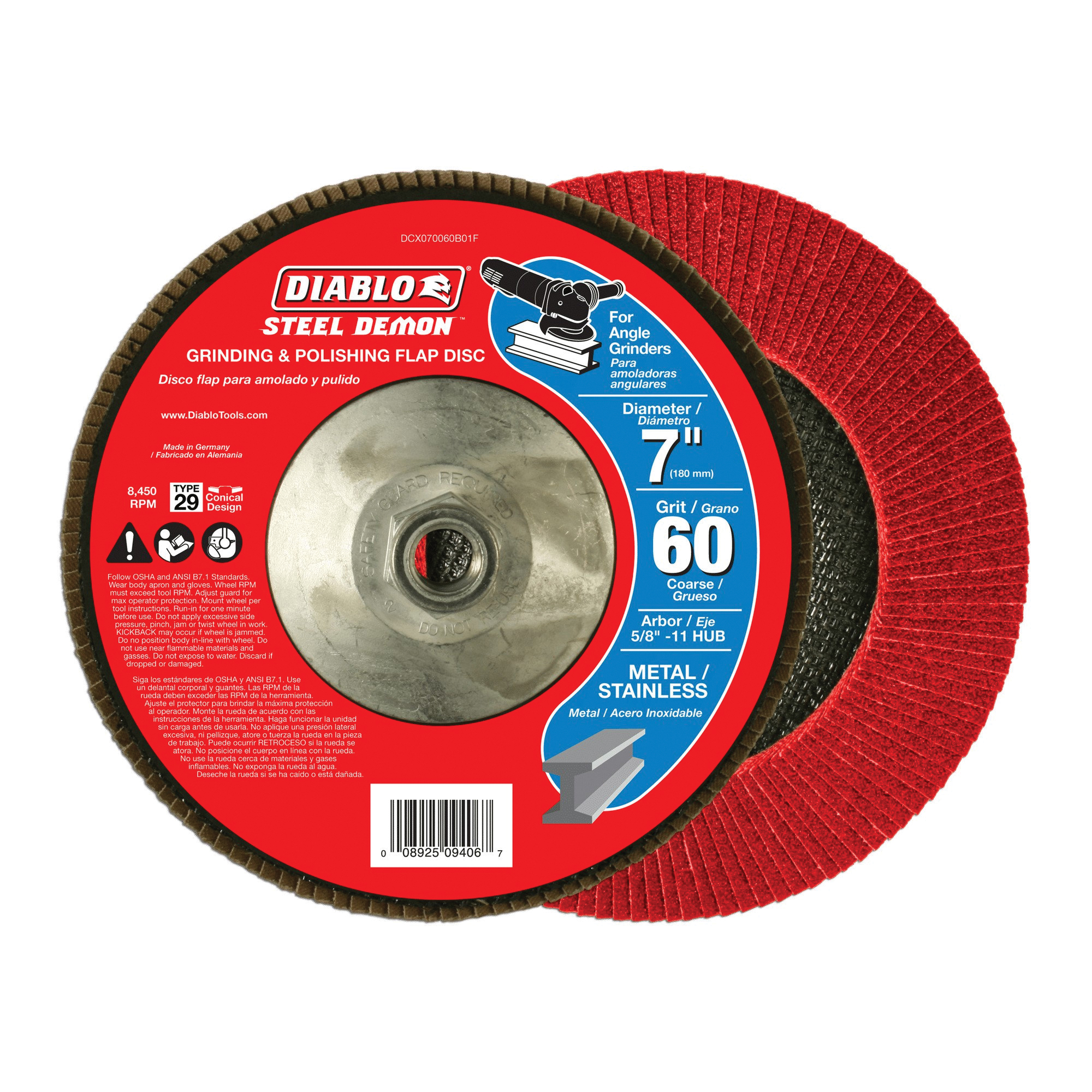 Steel Demon DCX070060B01F Flap Disc, 7 in Dia, 5/8-11 Arbor, 60 Grit, Coarse, Zirconium Abrasive