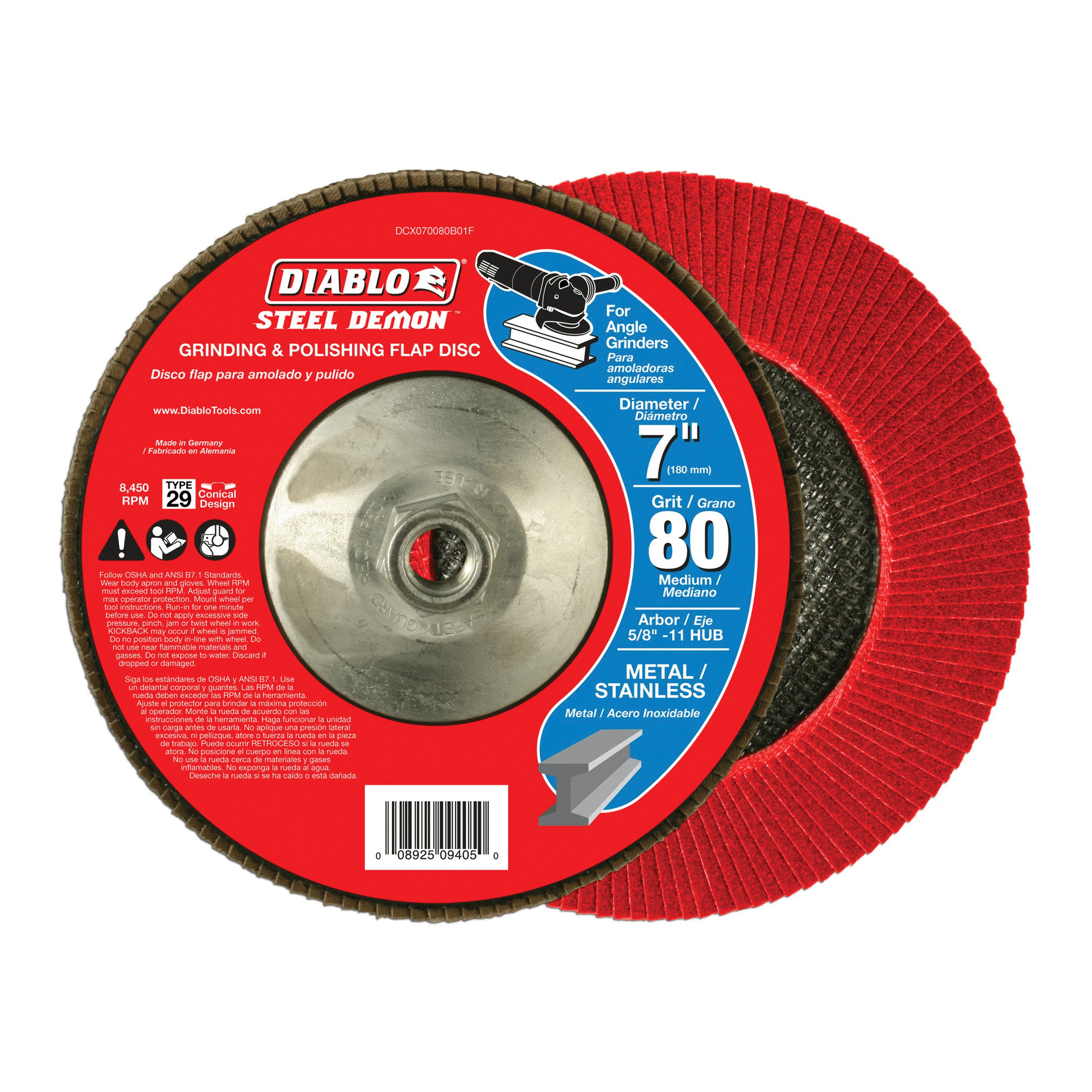 Steel Demon DCX070080B01F Flap Disc, 7 in Dia, 5/8-11 Arbor, 80 Grit, Medium, Zirconium Abrasive