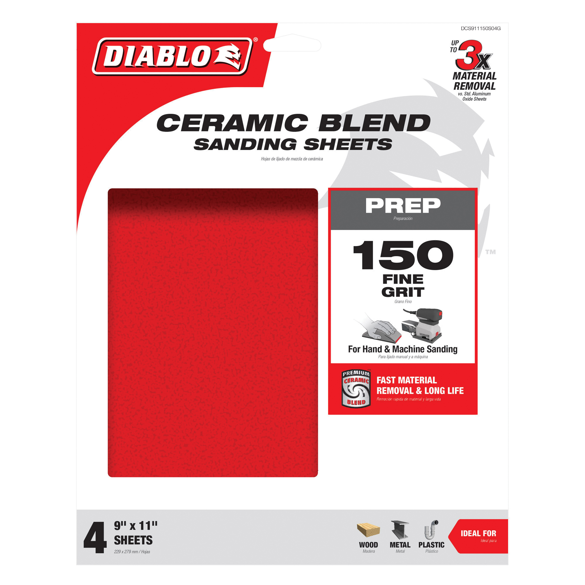 Diablo DCS911150S04G Sanding Sheet, 9 in W, 11 in L, 150 Grit, Very Fine, Aluminum Oxide Abrasive, Paper Backing - 3