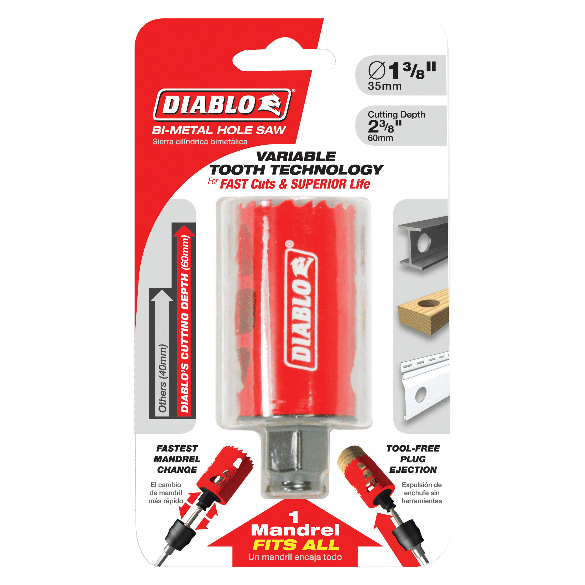 Diablo DHS1375 Hole Saw, 1-3/8 in Dia, 2-3/8 in D Cutting, 3/8 in Arbor, Bi-Metal Cutting Edge