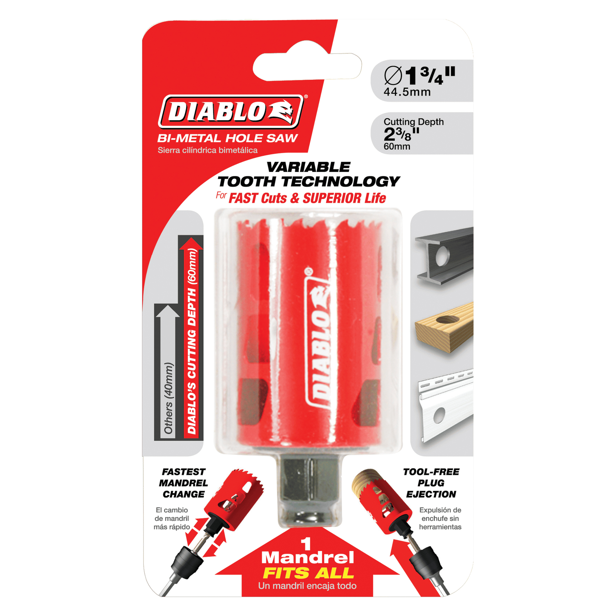 Diablo DHS1750 Hole Saw, 1-3/4 in Dia, 2-3/8 in D Cutting, 3/8 in Arbor, Bi-Metal Cutting Edge