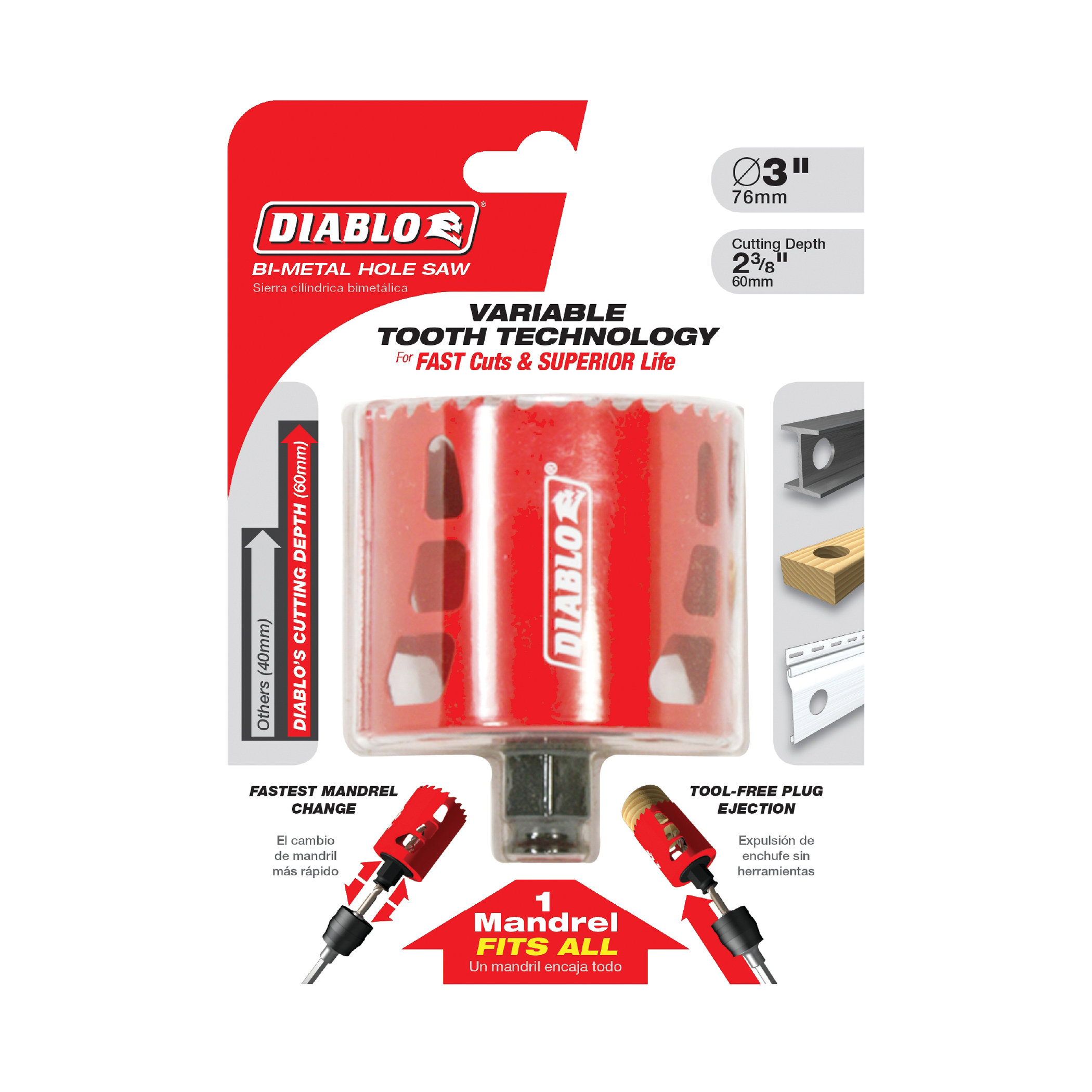 Diablo DHS3000 Hole Saw, 3 in Dia, 2-3/8 in D Cutting, 3/8 in Arbor, Bi-Metal Cutting Edge