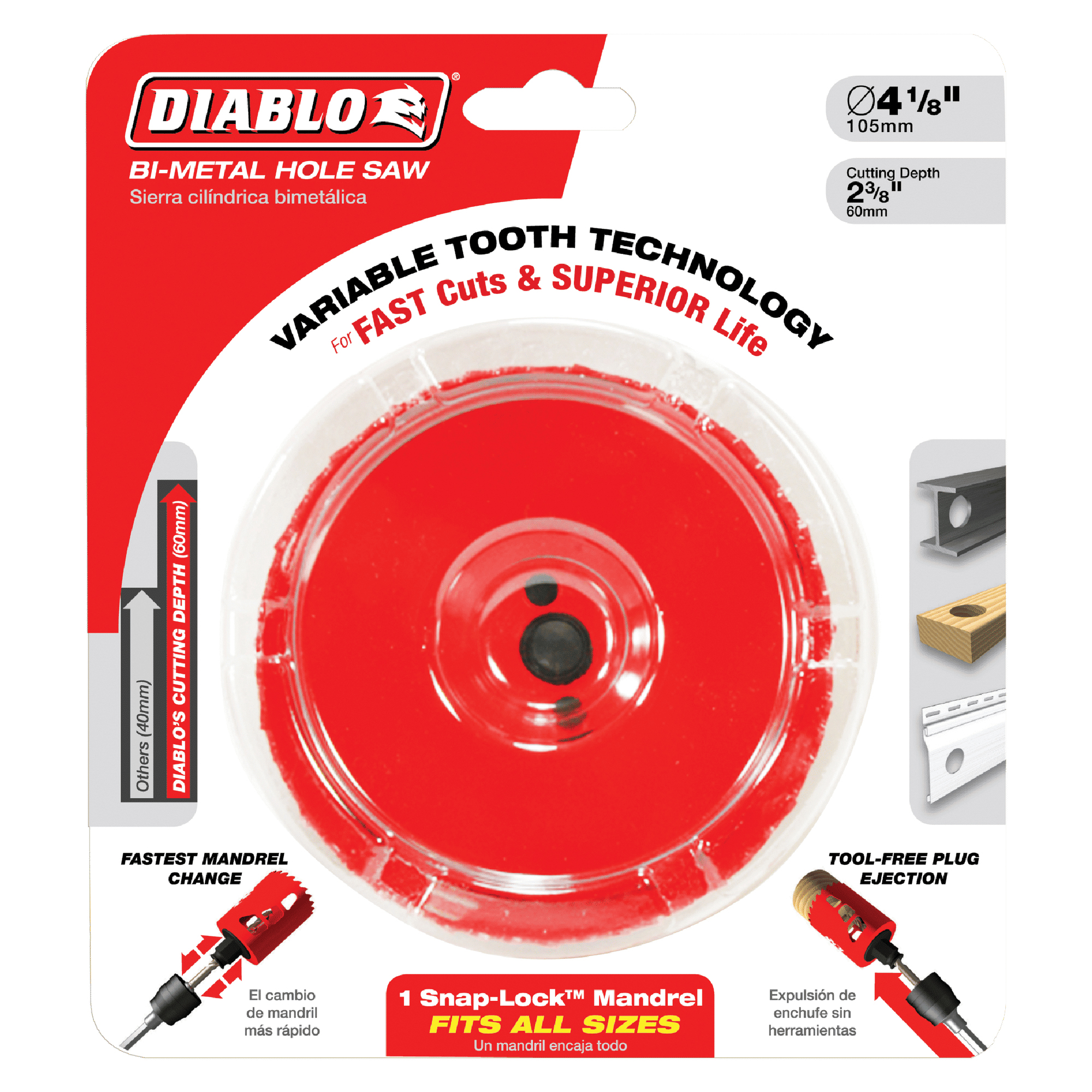 Diablo DHS4000 Hole Saw, 4 in Dia, 2-3/8 in D Cutting, 3/8 in Arbor, Bi-Metal Cutting Edge