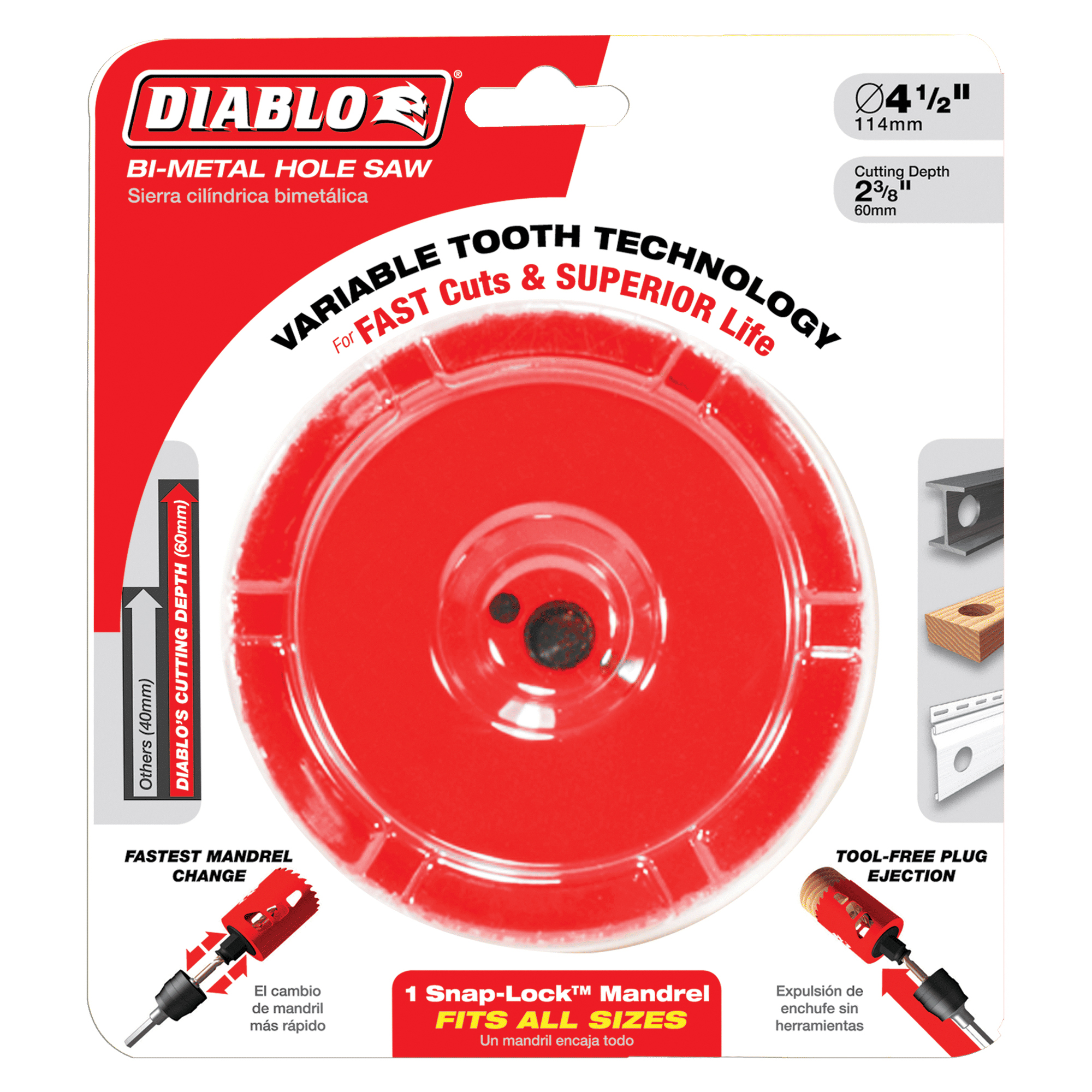 Diablo DHS4250 Hole Saw, 4-1/4 in Dia, 2-3/8 in D Cutting, 3/8 in Arbor, Bi-Metal Cutting Edge