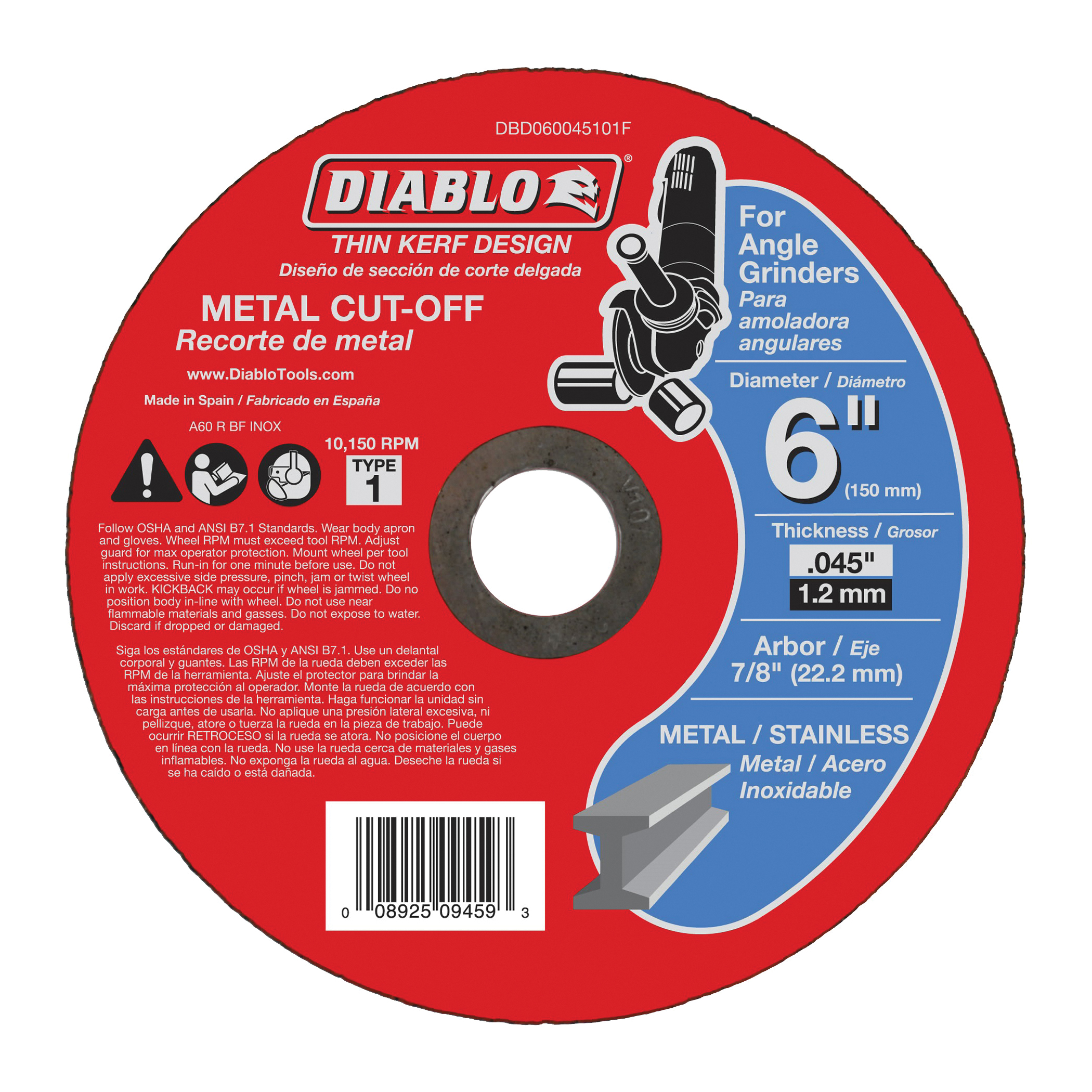 DBD060045101F Cut-Off Wheel, 6 in Dia, 0.04 in Thick, 7/8 in Arbor, Aluminum Oxide Abrasive