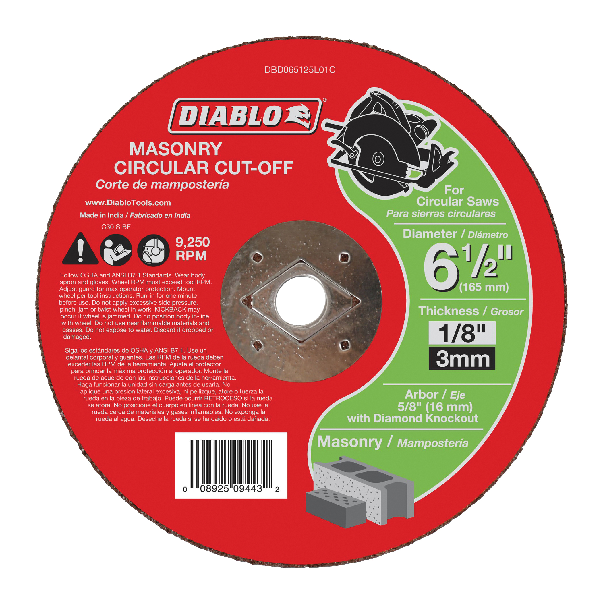 DBD065125L01C Cut-Off Wheel, 6-1/2 in Dia, 1/8 in Thick, 5/8 in Arbor, Aluminum Oxide Abrasive