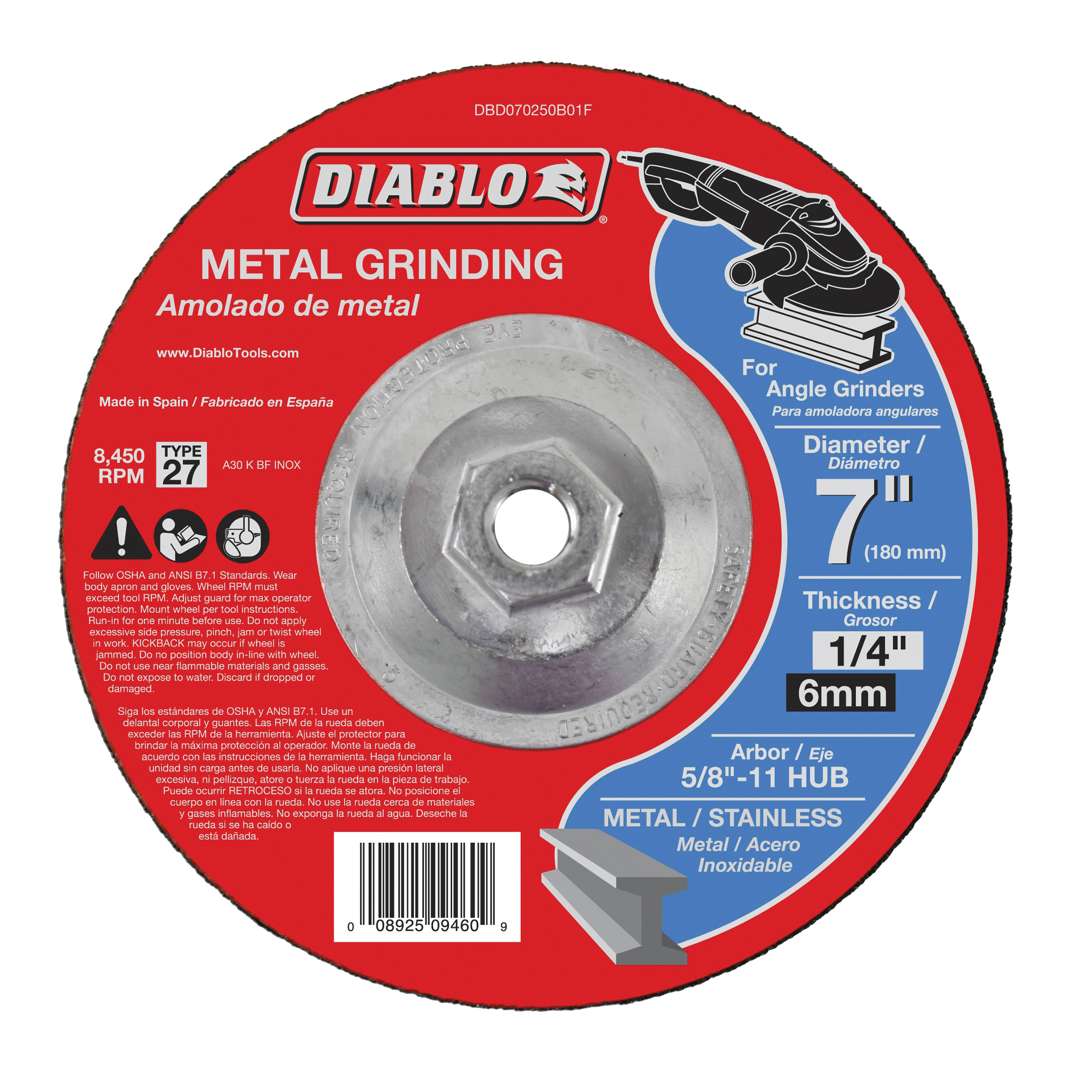 Diablo DBD070250B01F Grinding Wheel, 7 in Dia, 1/4 in Thick, 5/8-11 in Arbor, Aluminum Oxide Abrasive