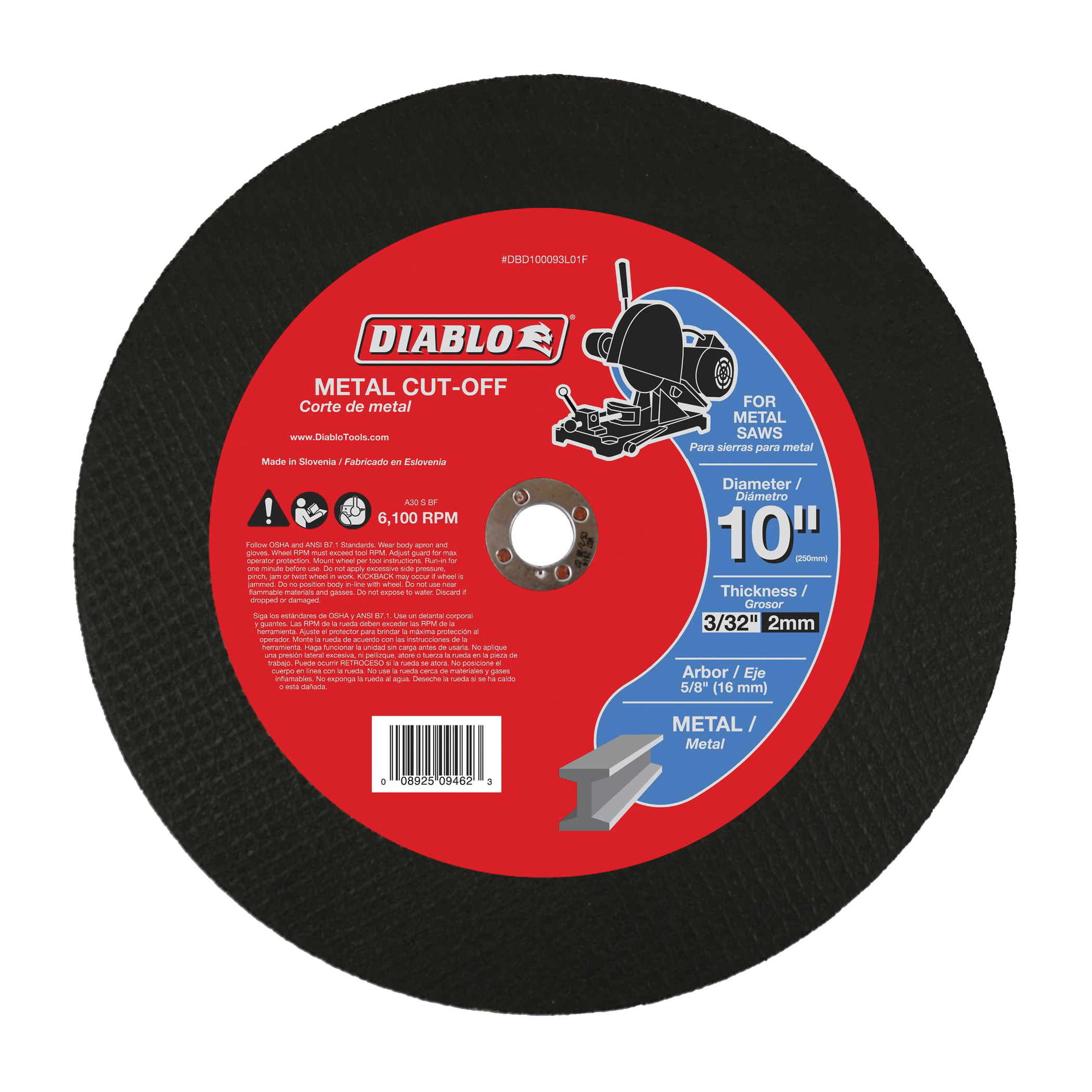 Diablo DBD100093L01F Cut-Off Disc, 10 in Dia, 3/32 in Thick, 5/8 in Arbor, Aluminum Oxide Abrasive