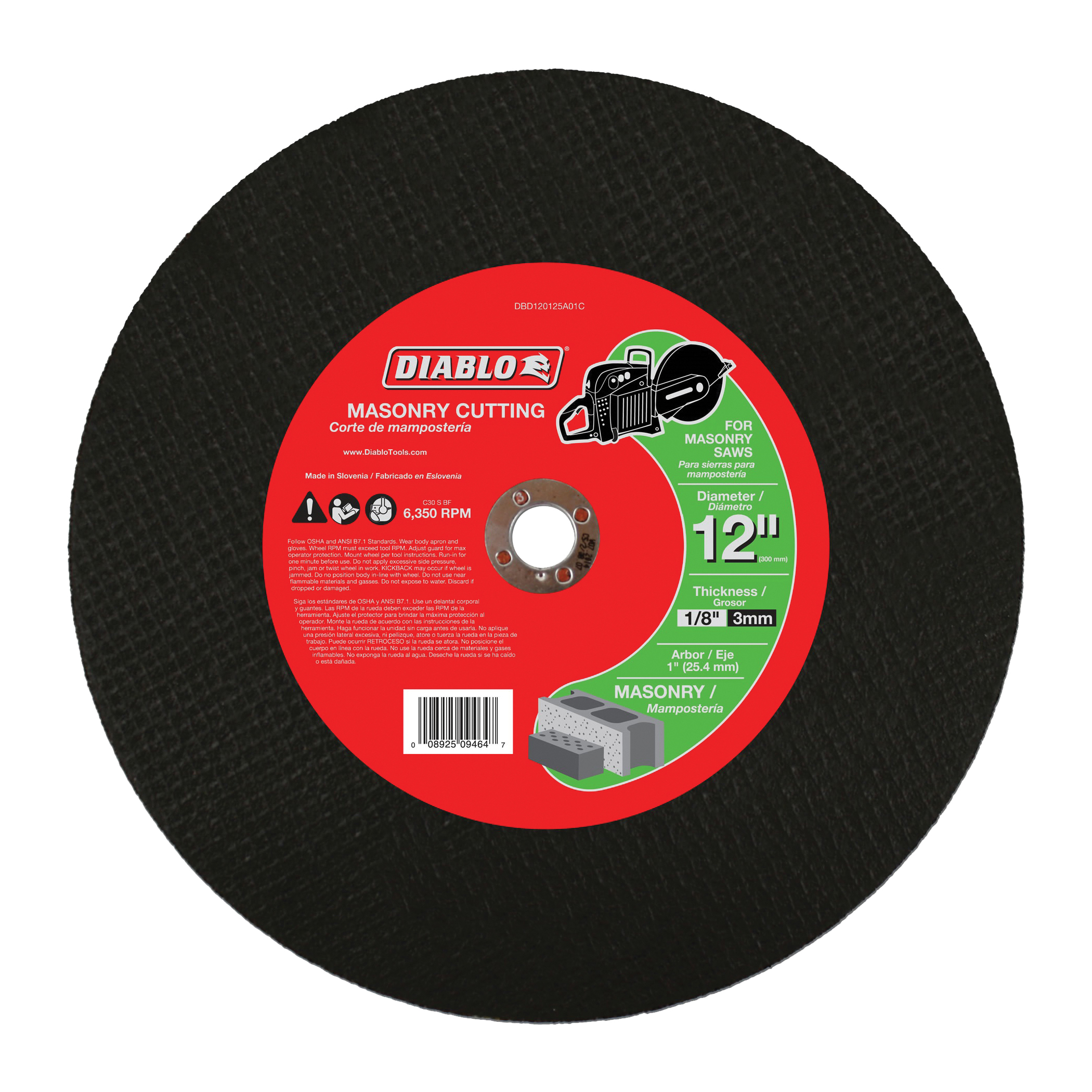 DBD120125A01C Cut-Off Wheel, 12 in Dia, 1/8 in Thick, 1 in Arbor, Aluminum Oxide Abrasive