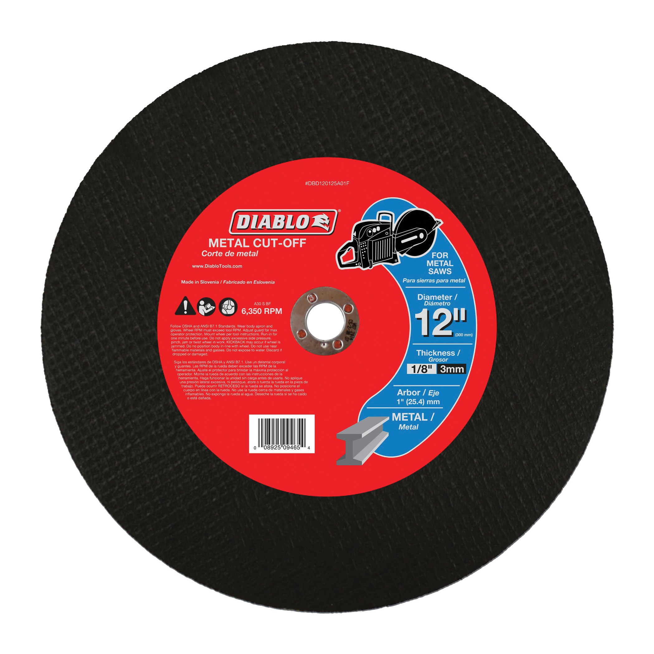 DBD120125A01F Cut-Off Wheel, 12 in Dia, 1/8 in Thick, 1 in Arbor, Aluminum Oxide Abrasive