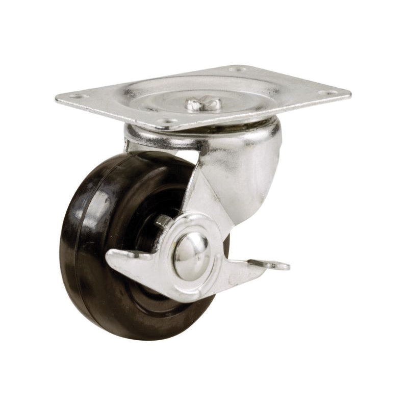9512 Swivel Caster with Side Brake, 4 in Dia Wheel, 1-1/4 in W Wheel, Rubber Wheel, Black, 225 lb