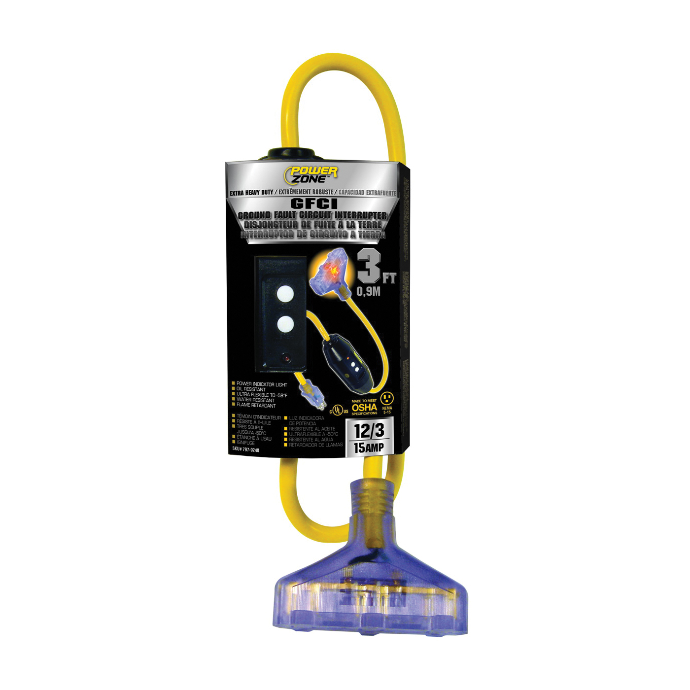 ORG320803 Outlet Adapter, 3 ft L, 15 A, 125 V, Yellow