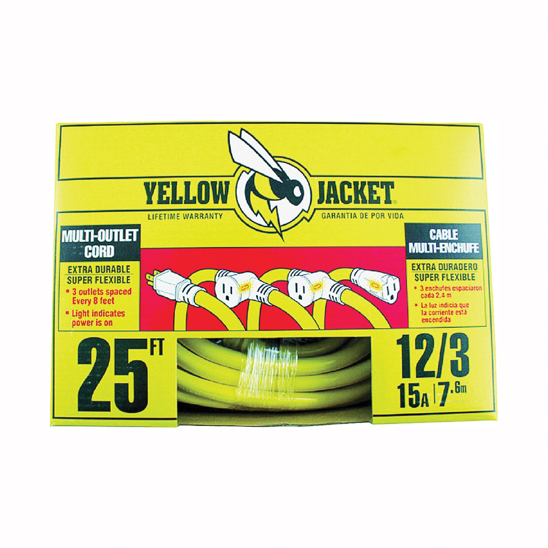 2830 Power Block Adapter Cord, 12 AWG Cable, 25 ft L, 15 A, 125 V, Yellow