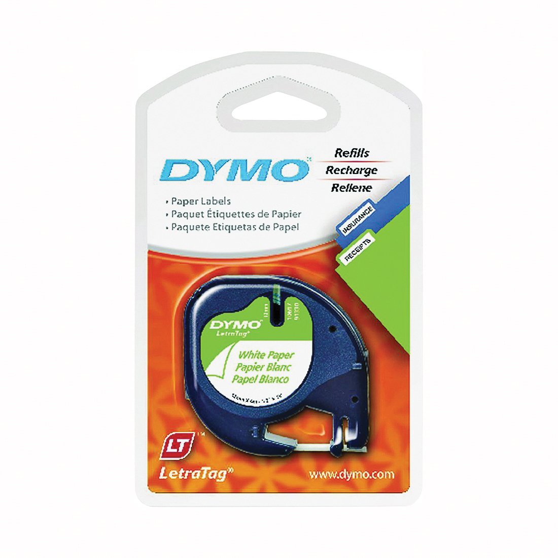 Dymo LetraTag 10697 Paper Label, 13 ft L, 1/2 in W, Black/White Legend, White Background - 1