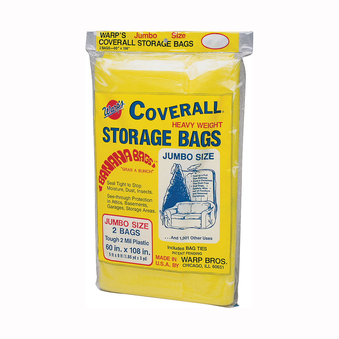 Banana Bags CB-60 Storage Bag, Jumbo, Plastic, Yellow, 60 in L, 108 in W, 2 mil Thick
