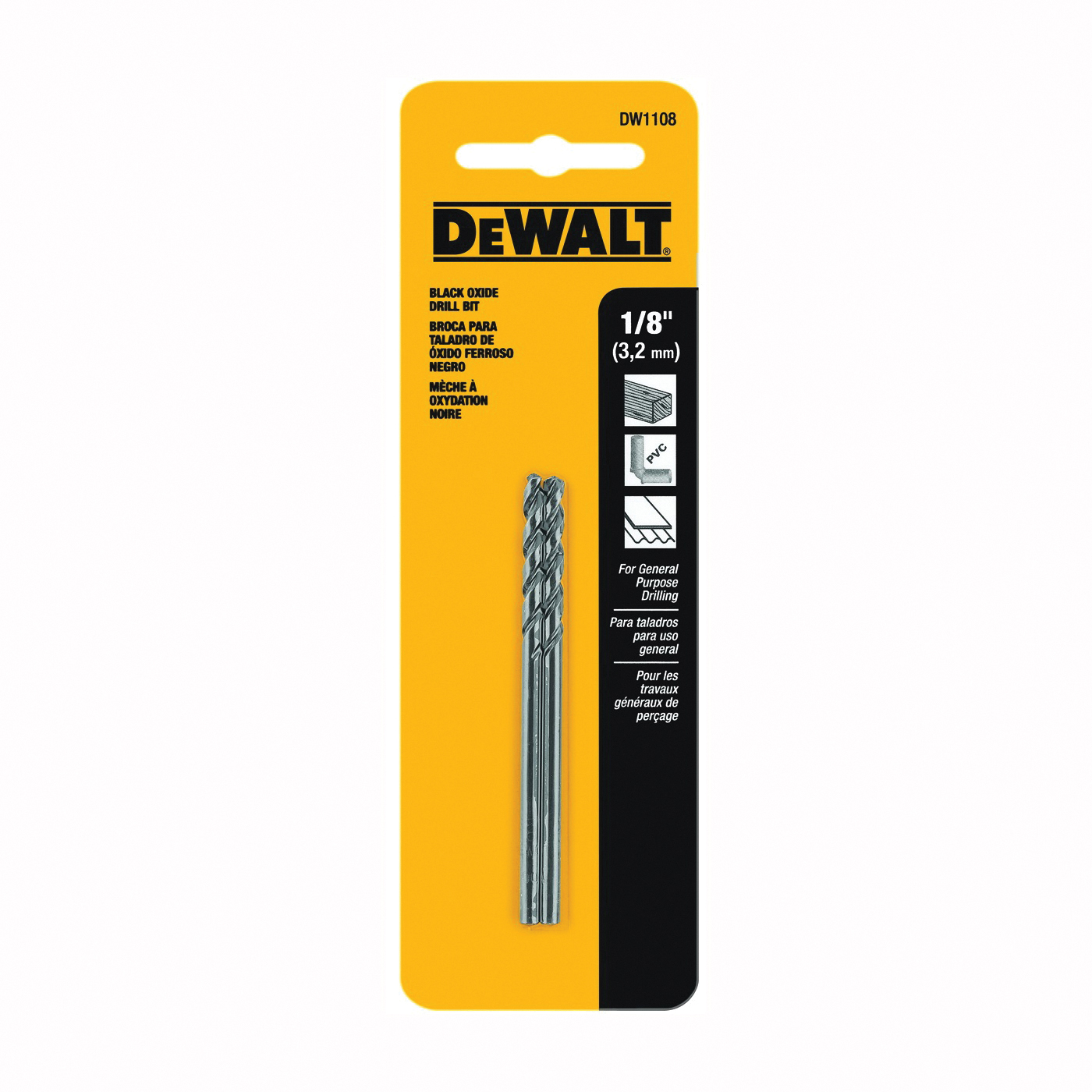 DEWALT DW1108 Jobber Drill Bit, 1/8 in Dia, 2-3/4 in OAL, Parabolic Flute, 1/8 in Dia Shank, Round Shank