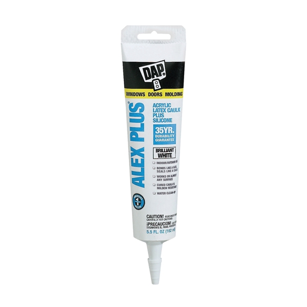 Dap Alex Plus 18128 Acrylic Latex Caulk with Silicone, White, -20 to 180 deg F, 5.5 fl-oz, Squeeze Tube