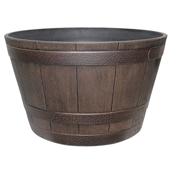 HDR-055433 Planter, 9.1 in H, 15.4 in W, 15.4 in D, Whiskey Barrel Design, Resin, Kentucky Walnut