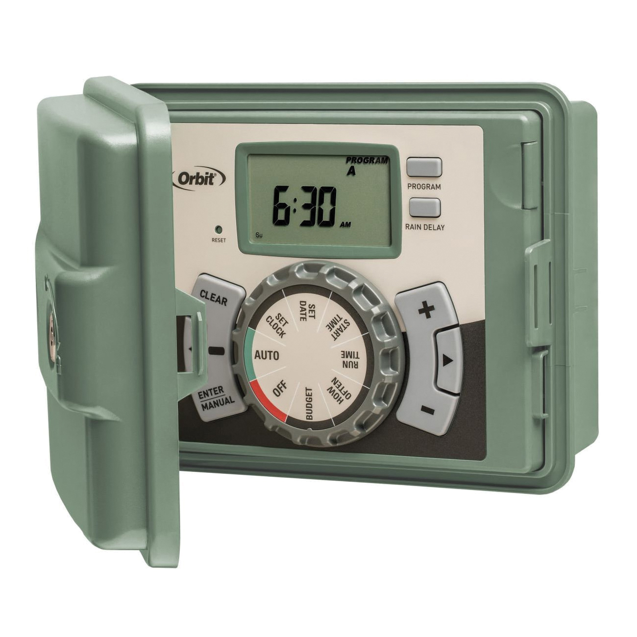 57894 Irrigation Sprinkler Controller, 120 V, 4-Zone, 3-Program, 1 to 240 min Cycle, LCD Display, Green