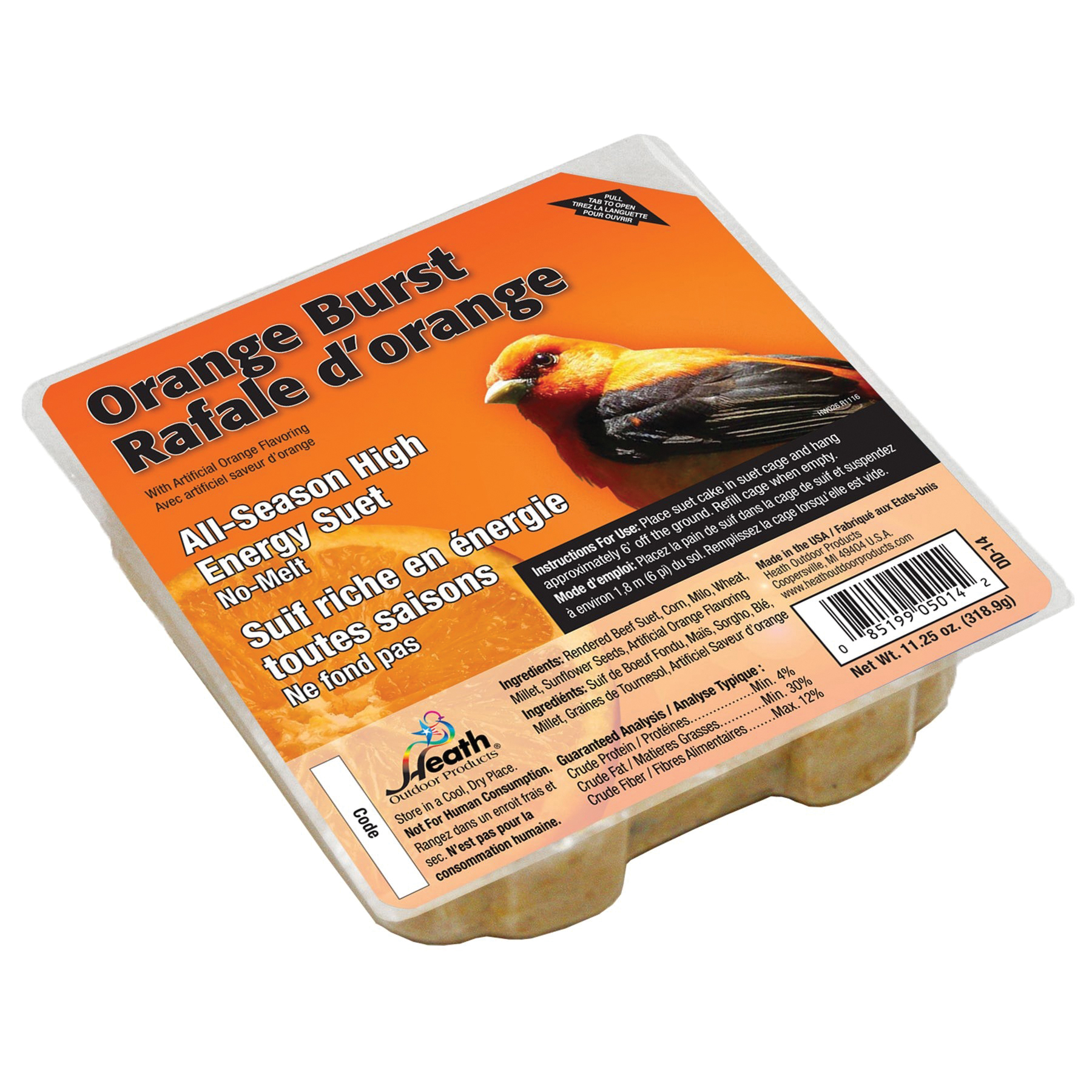 DD-14 Wild Bird Food, All-Season, Suet, Cake, Orange Burst, 11.25 oz