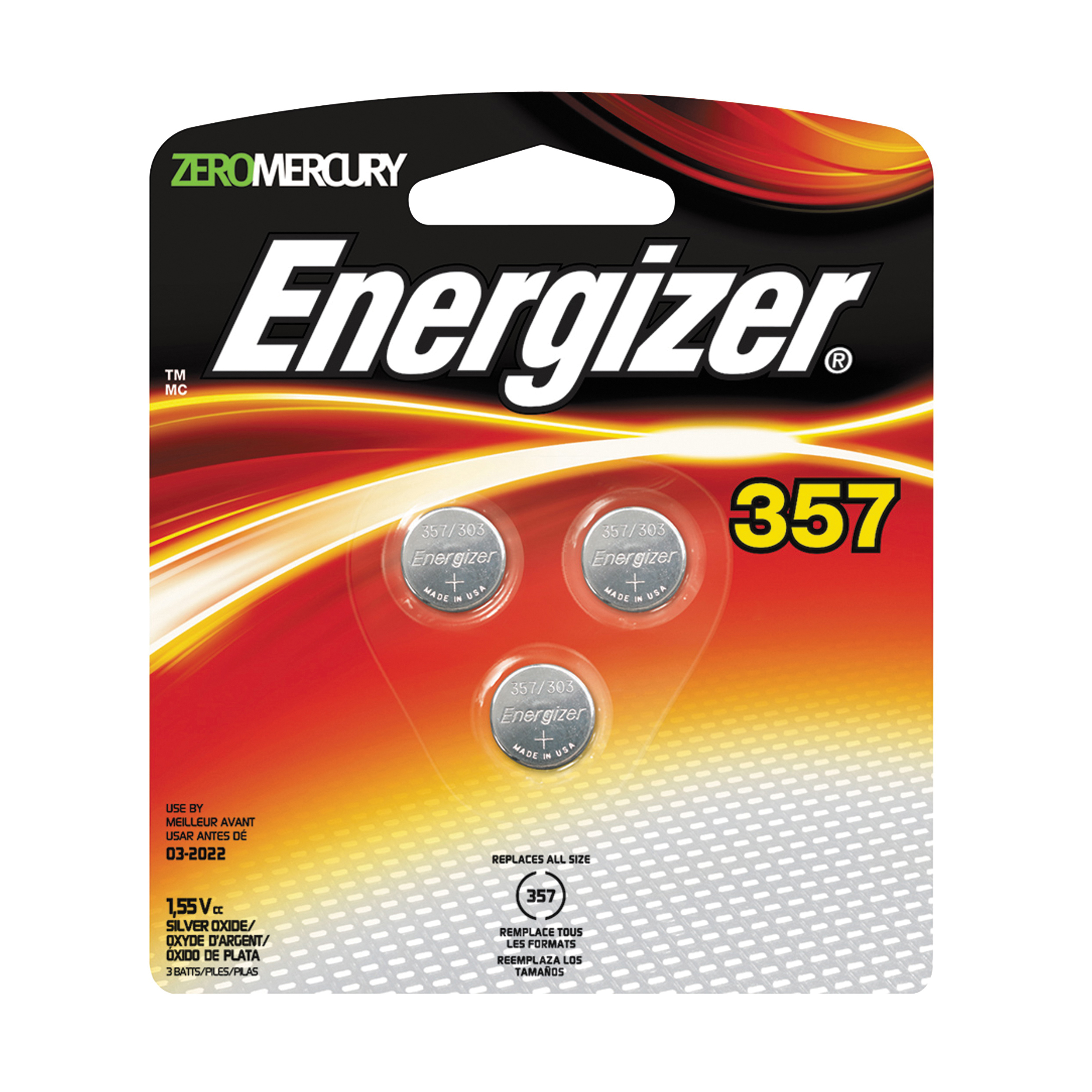 357BPZ-3 Coin Cell Battery, 1.5 V Battery, 150 mAh, 357 Battery, Silver Oxide, 3 pk