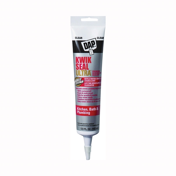 Dap Kwik Seal Ultra 18915 Siliconized Sealant, Clear, 0 to 170 deg F, 5.5 oz, Squeeze Tube