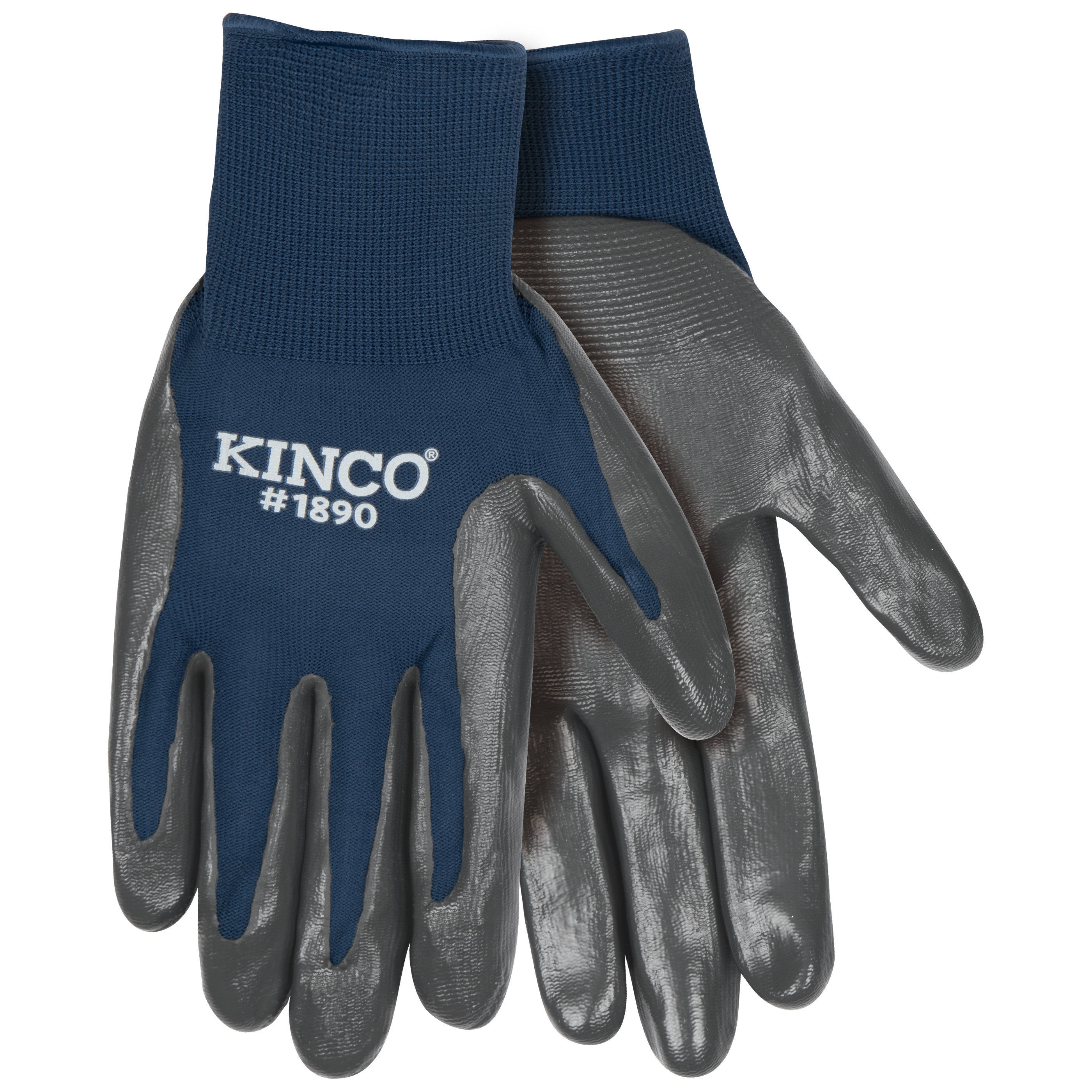 1890-L Work Gloves, Men's, L, Knit Wrist Cuff, Nitrile Coating, Nylon/Polyester, Gray/Navy Blue