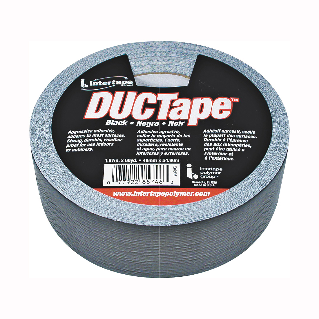 20C-BK2 Duct Tape, 60 yd L, 1.88 in W, Polyethylene-Coated Cloth Backing, Black