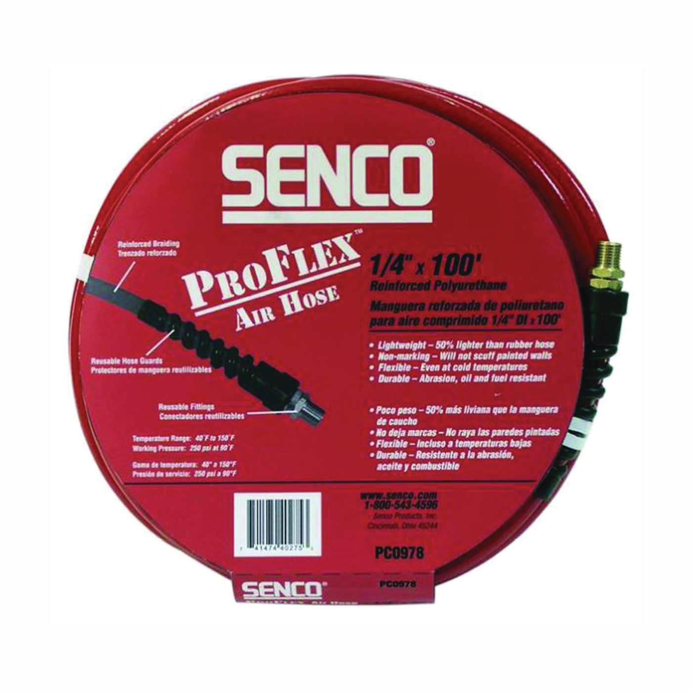 PC0978 Air Hose, 1/4 in OD, 100 ft L, FPT, 250 psi Pressure, Polyurethane, Red