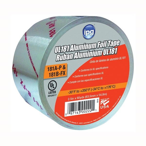 5010-B Foil Tape with Liner, 60 yd L, 2-1/2 in W, Aluminum Backing, Silver