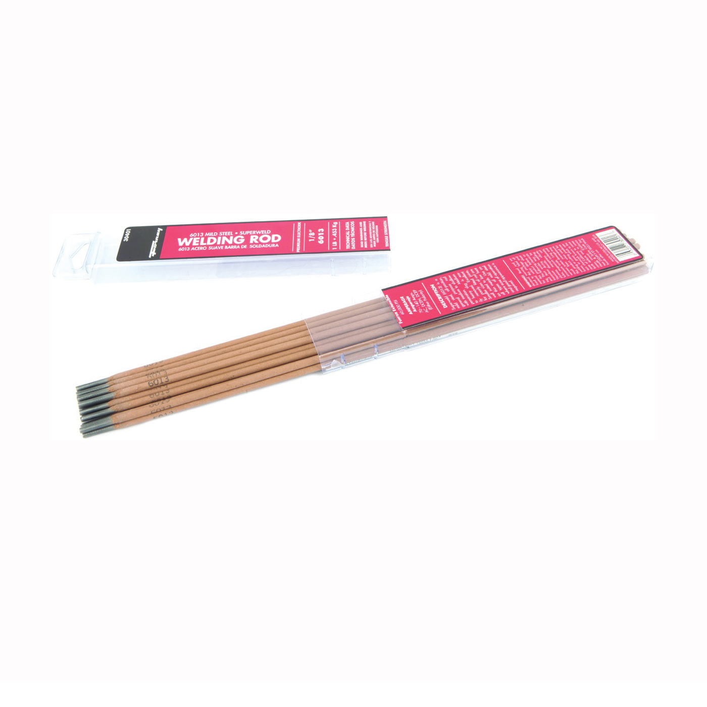 30401 Stick Electrode, 1/8 in Dia, 14 in L, Mild Steel