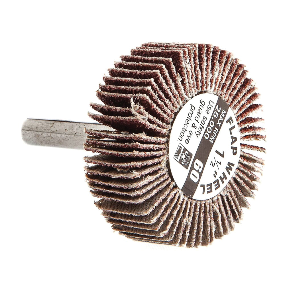 60187 Flap Wheel, Applicable Materials: Metal, Wood, 1-1/2 in Dia, 1/2 in Thick, 1/4 in Arbor
