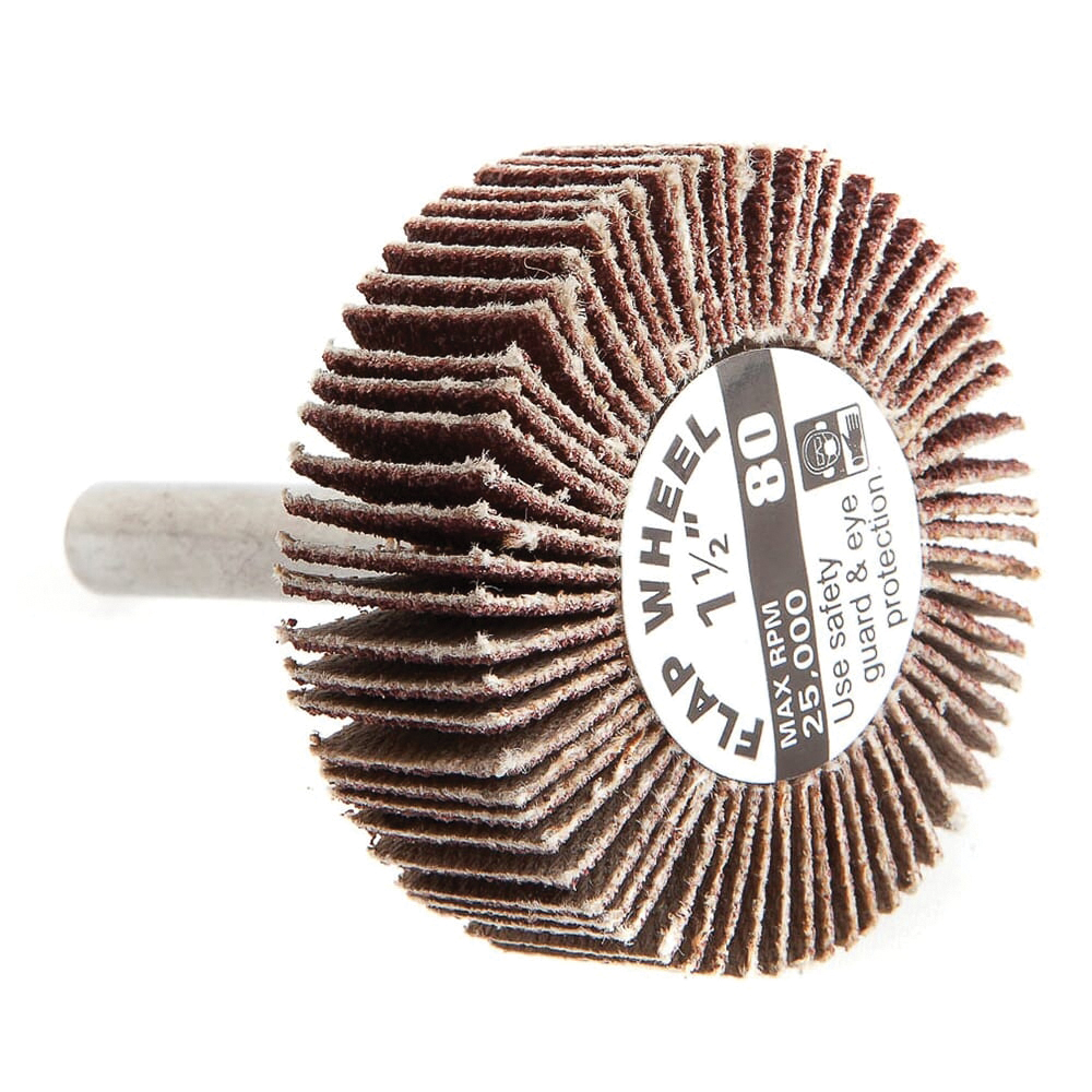 60188 Flap Wheel, 1-1/2 in Dia, 1/2 in Thick, 1/4 in Arbor, 80 Grit, Aluminum Oxide Abrasive