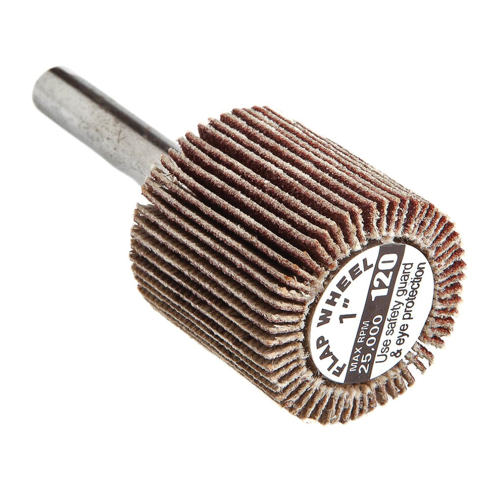 60192 Flap Wheel, 1 in Dia, 1 in Thick, 1/4 in Arbor, 120 Grit, Aluminum Oxide Abrasive