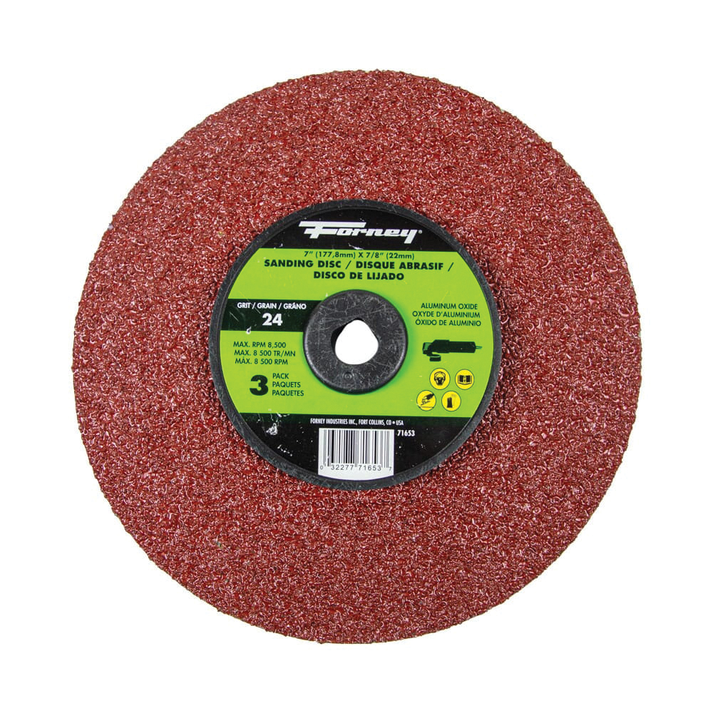 71653 Sanding Disc, 7 in Dia, 7/8 in Arbor, 24 Grit, Extra Coarse, Aluminum Oxide Abrasive, Fiber Backing