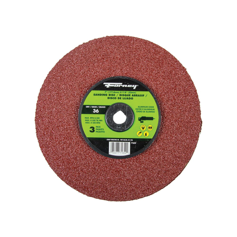 71654 Sanding Disc, 7 in Dia, 7/8 in Arbor, 36 Grit, Extra Coarse, Aluminum Oxide Abrasive, Fiber Backing